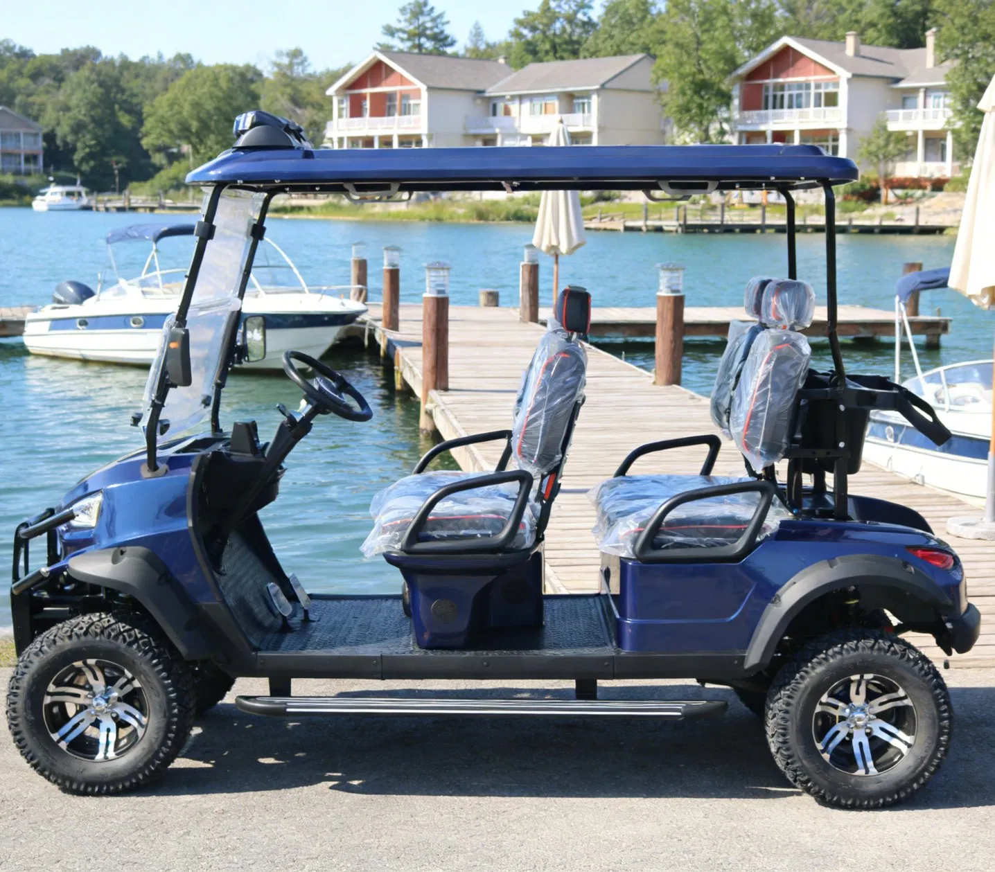 Navy Blue 4-Seat Golf Cart for Lake Resort Guest Shuttles