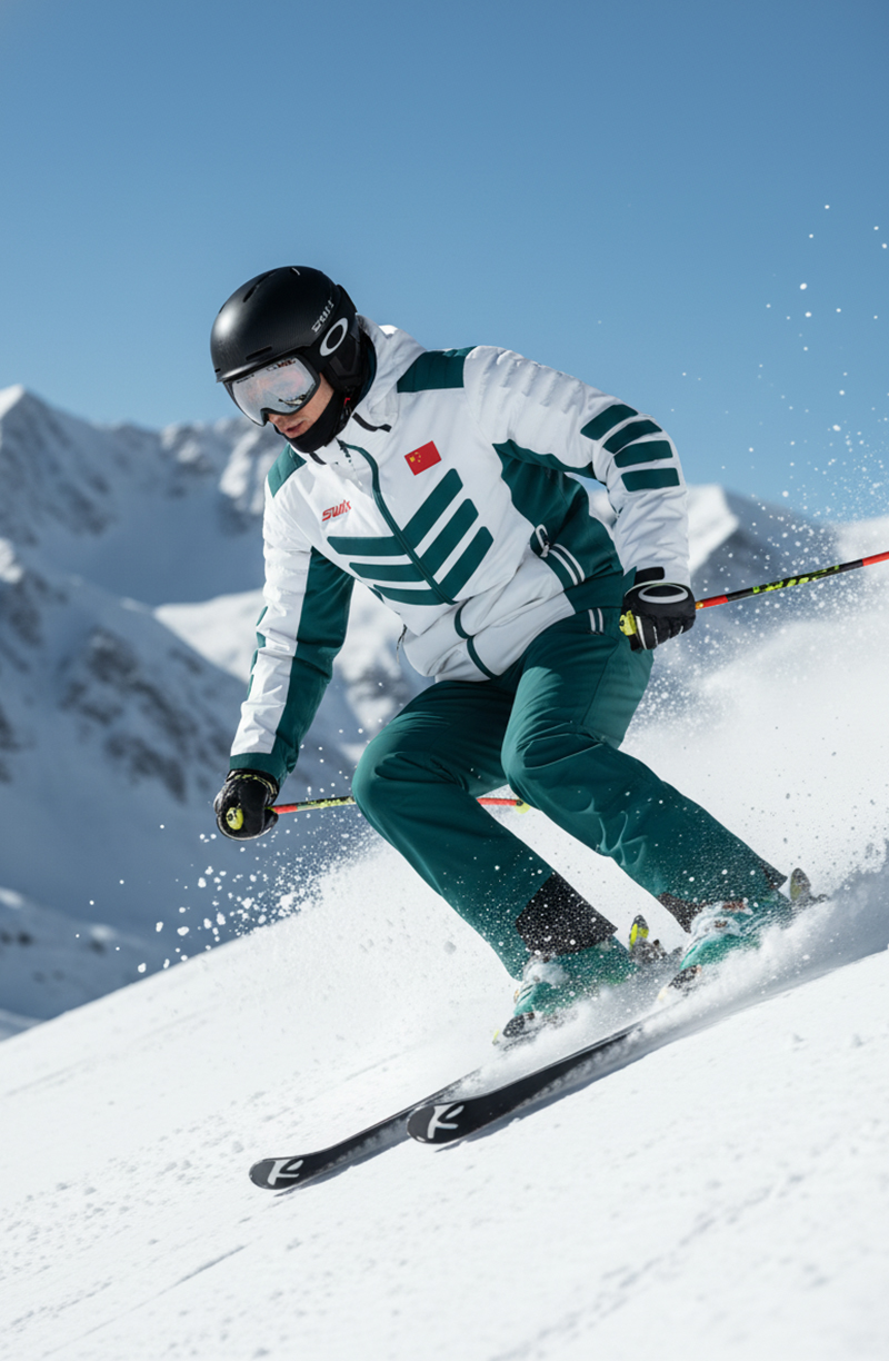 Custom ski jacket and bib set manufactured by Ruiniu