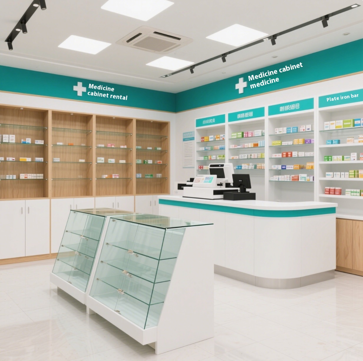Western Medicine Cabinet Glass Counter Pharmacy Display with Drug Rack Pharmacy Shelves Online Store for Showcases