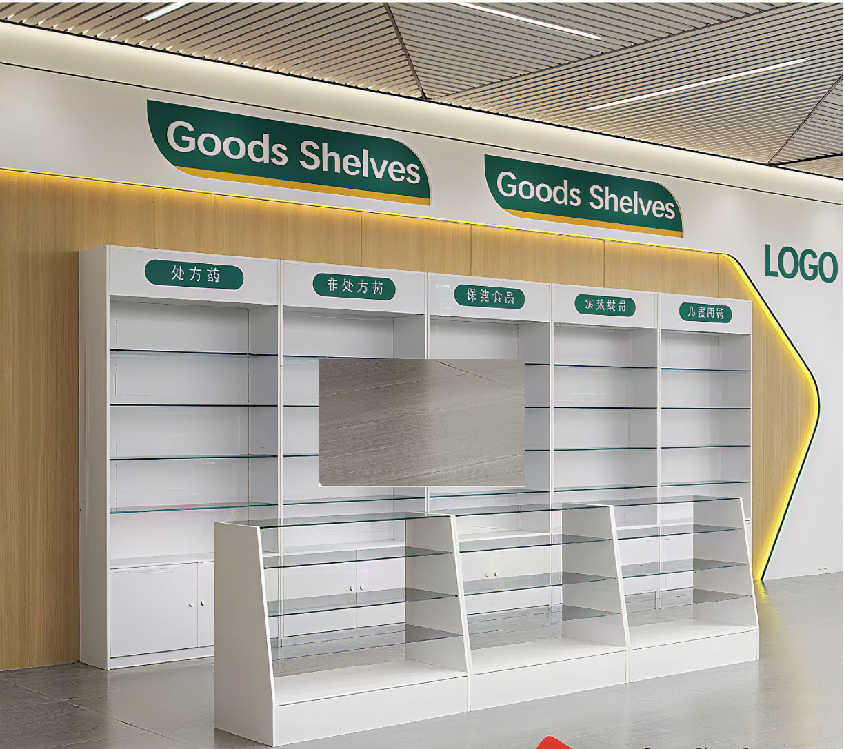 Western Medicine Cabinet Glass Counter Pharmacy Display with Drug Rack Pharmacy Shelves Online Store for Showcases