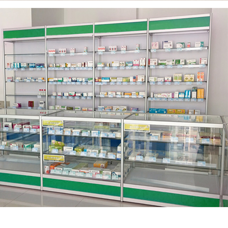 Medicine Display Rack Pharmacy Shop Counter Design Medicine Cabinet with LED Lighting