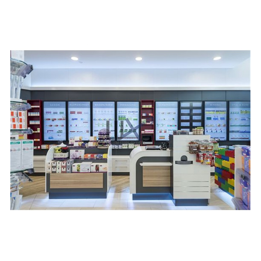 Wooden Medical Counter, Drug Shop Wall Shelf Design, Pharmacy Store Furniture