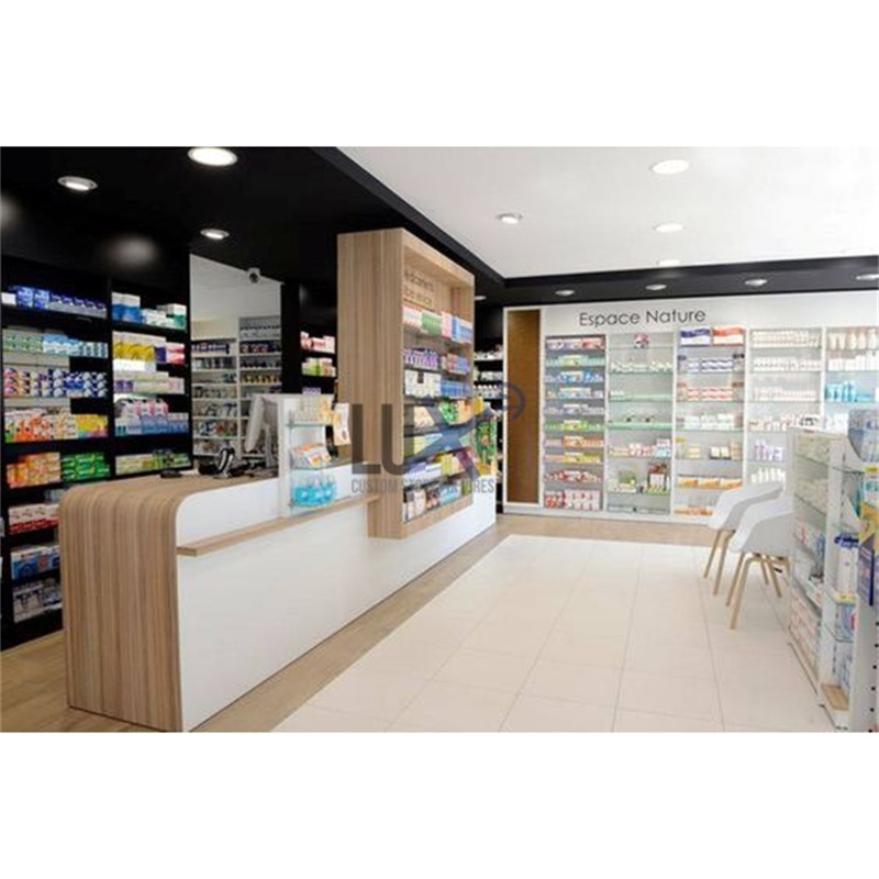 Wooden Medical Counter, Drug Shop Wall Shelf Design, Pharmacy Store Furniture