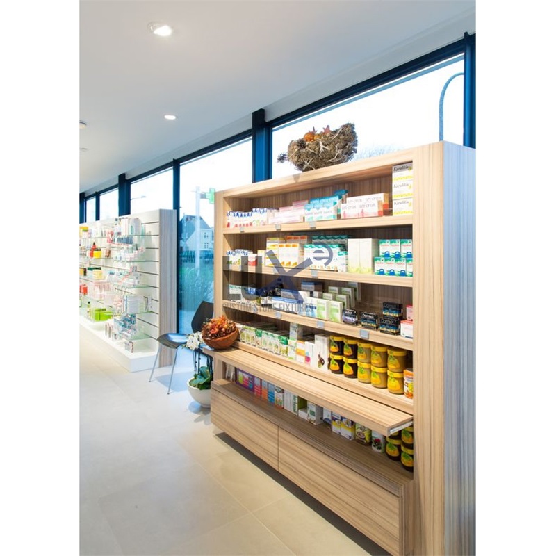Wooden Medical Counter, Drug Shop Wall Shelf Design, Pharmacy Store Furniture
