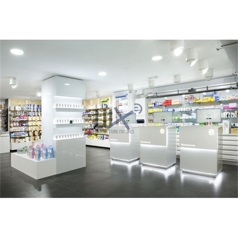Wooden Medical Counter, Drug Shop Wall Shelf Design, Pharmacy Store Furniture
