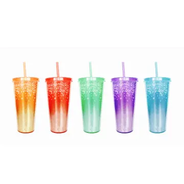 Colorful diamond-inlaid gradient straw cup set with leak-proof lid in 5 colors