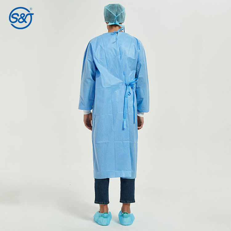 SJ Disposable Nonwoven SMS Surgical Gown Isolation Gown 3-Layer Laminated Lace Tied on Back One Piece EN 13795-1 Standard