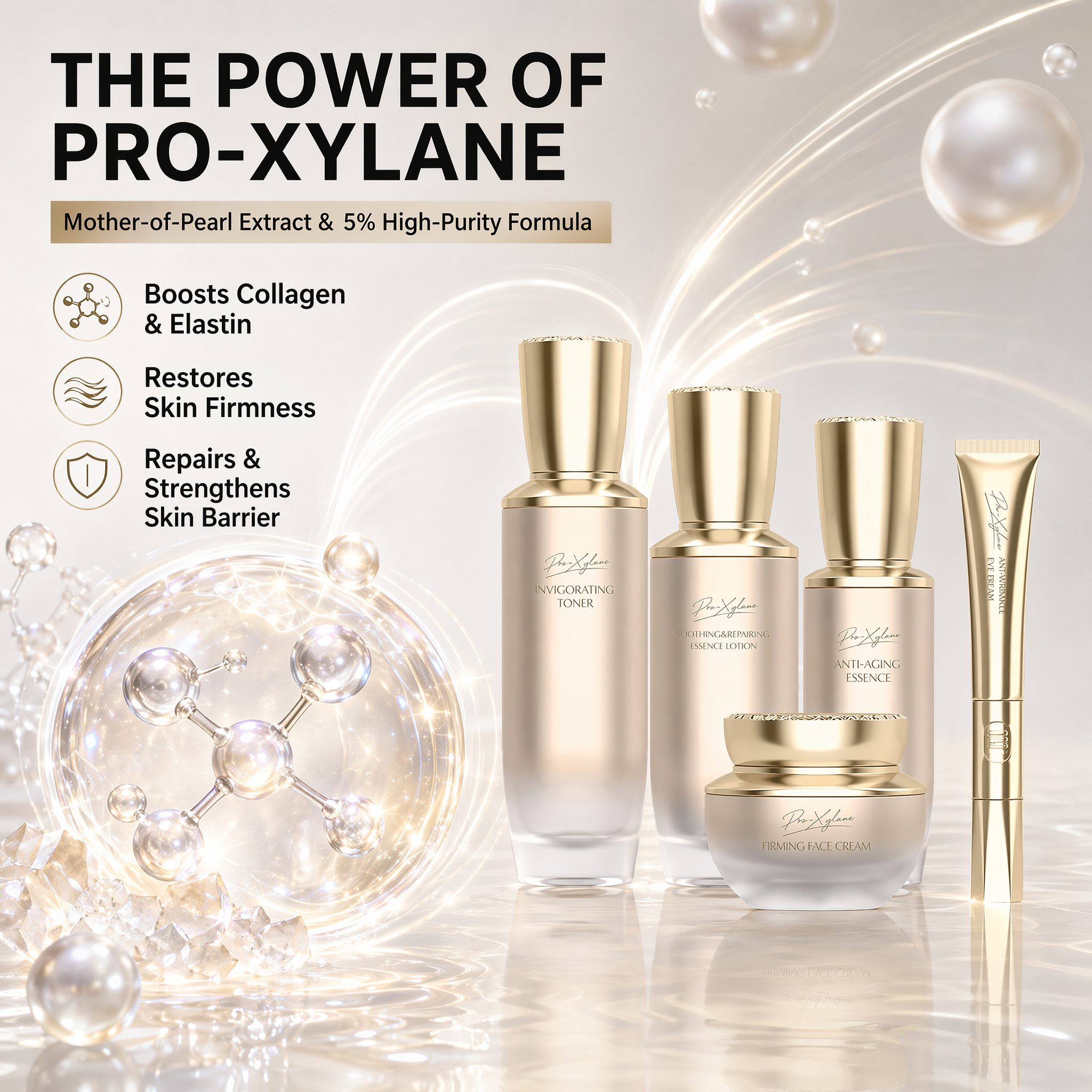 Private Label 5% Pro-Xylane Anti-Wrinkle &amp; Firming Skincare Set OEM | Toner Essence Cream Serum for Wrinkle Repair &amp; Brightening