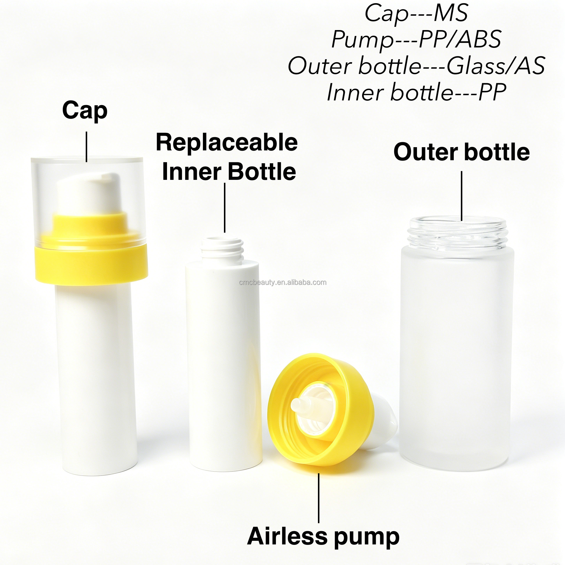 CMC- Beauty Eco Friendly Sustainable Skincare Packaging Double Wall Refillable Glass Airless Lotion Serum Pump Bottle Set