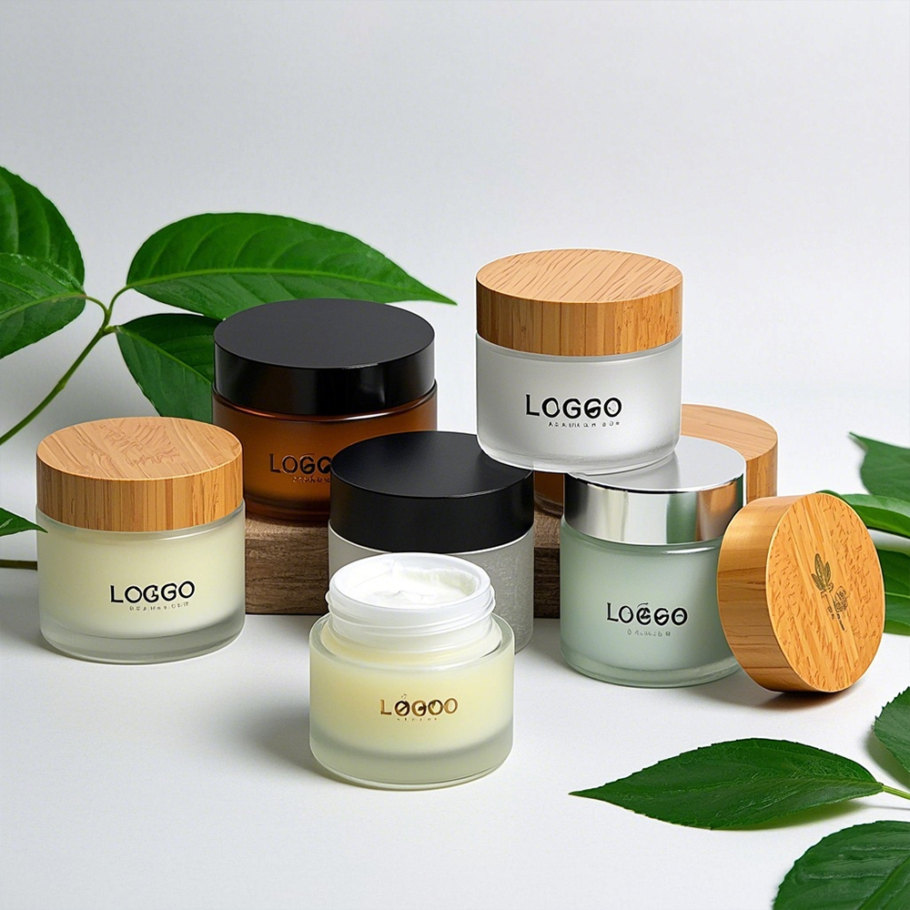 Zero Waste Recycled Glass Skincare Jar with Bamboo Cap Sustainable Packaging for Cream Lotion Eye Cream for Cosmetic Brands