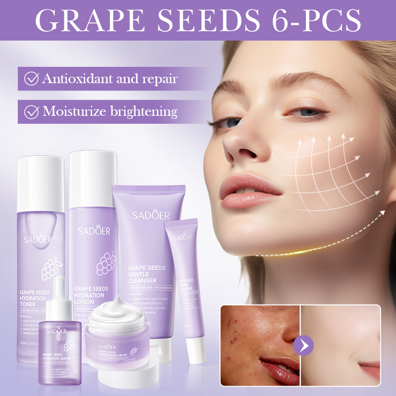 Private Label SADOER Grape Seeds Gentle Facial Skincare Set 6-Pieces Suit Moisturizing Face Moisturizing Gift Box for Women