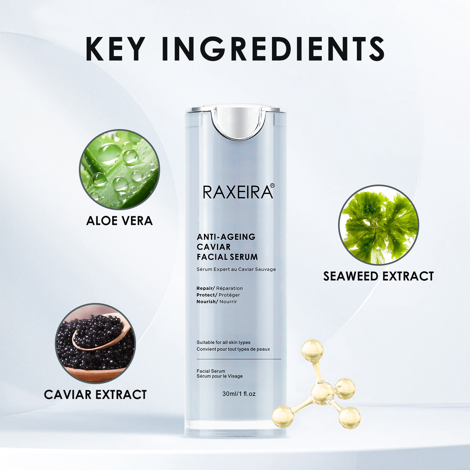 OEM ODM Repairing Skin Lifting Firming Anti Wrinkle Anti Aging Moisturizing Nourishing Face Serum Caviar Facial Serum 30ml