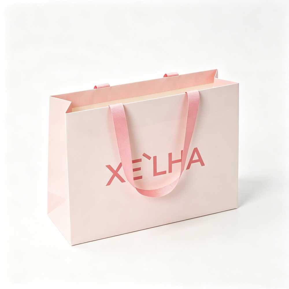 OEM Factory Direct Custom Printed Paper Bag With Colorful Ribbon Handle for Beauty Store Shopping Pink Gift Bag