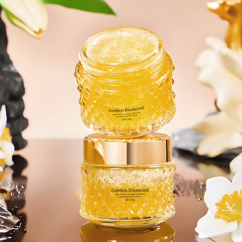 Private Label Gold Diamond Collagen Face Cream Non-Sticky Soothing and Moisturizing with Gold Foil Lifts and Tightens Skin