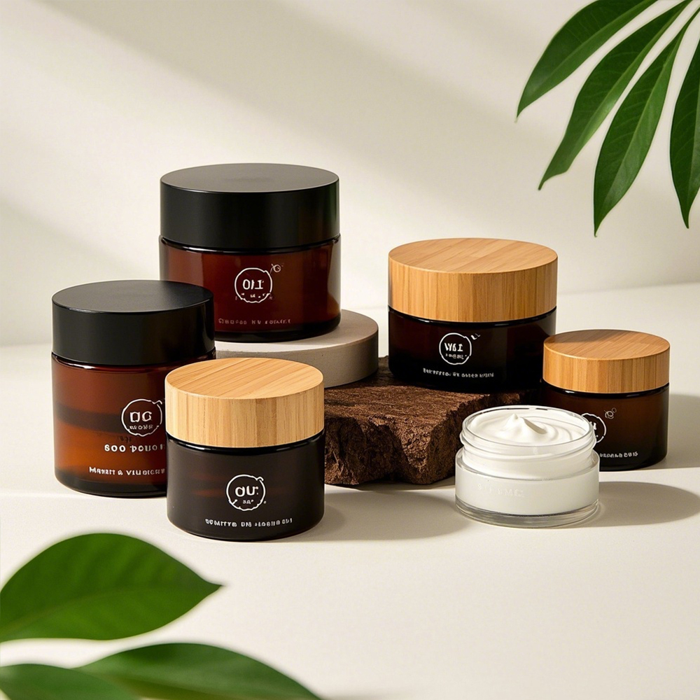 Zero Waste Recycled Glass Skincare Jar with Bamboo Cap Sustainable Packaging for Cream Lotion Eye Cream for Cosmetic Brands