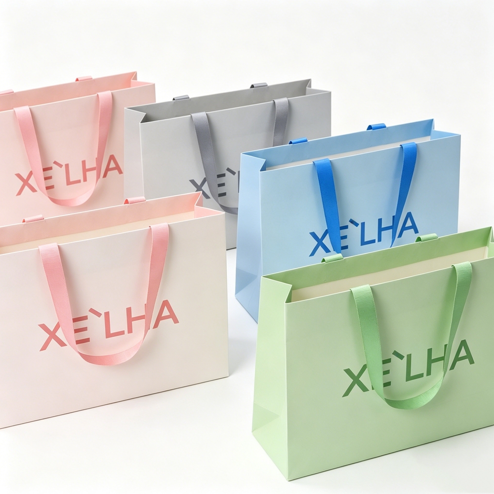 OEM Factory Direct Custom Printed Paper Bag With Colorful Ribbon Handle for Beauty Store Shopping Pink Gift Bag