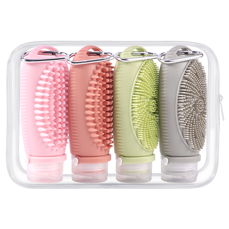Ultimate Custom 4 PCS Leakproof Refillable Silicone Travel Kit Bottles With Brush,Silicone Squeeze Bottle Set With Scalp Brush