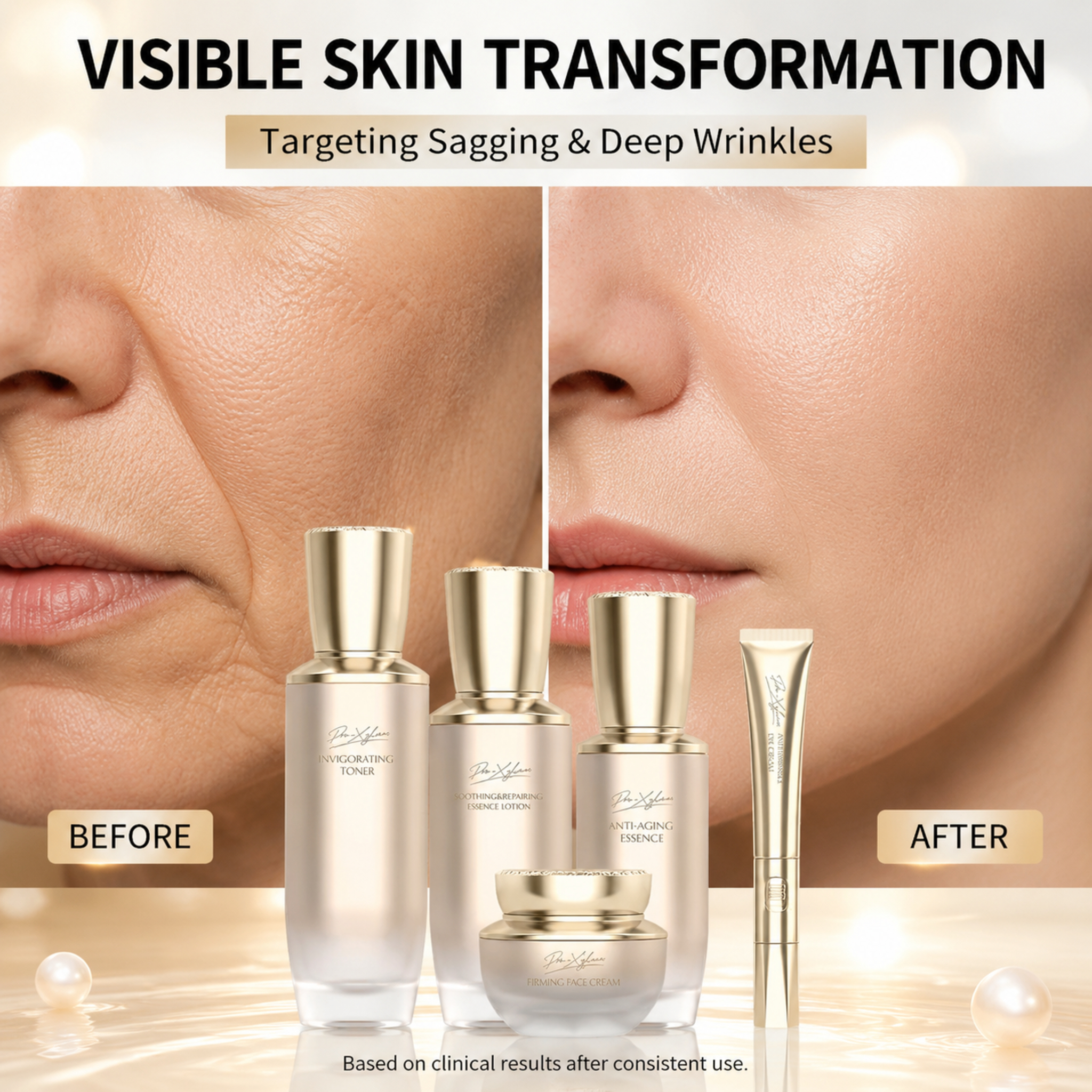 Private Label 5% Pro-Xylane Anti-Wrinkle &amp; Firming Skincare Set OEM | Toner Essence Cream Serum for Wrinkle Repair &amp; Brightening