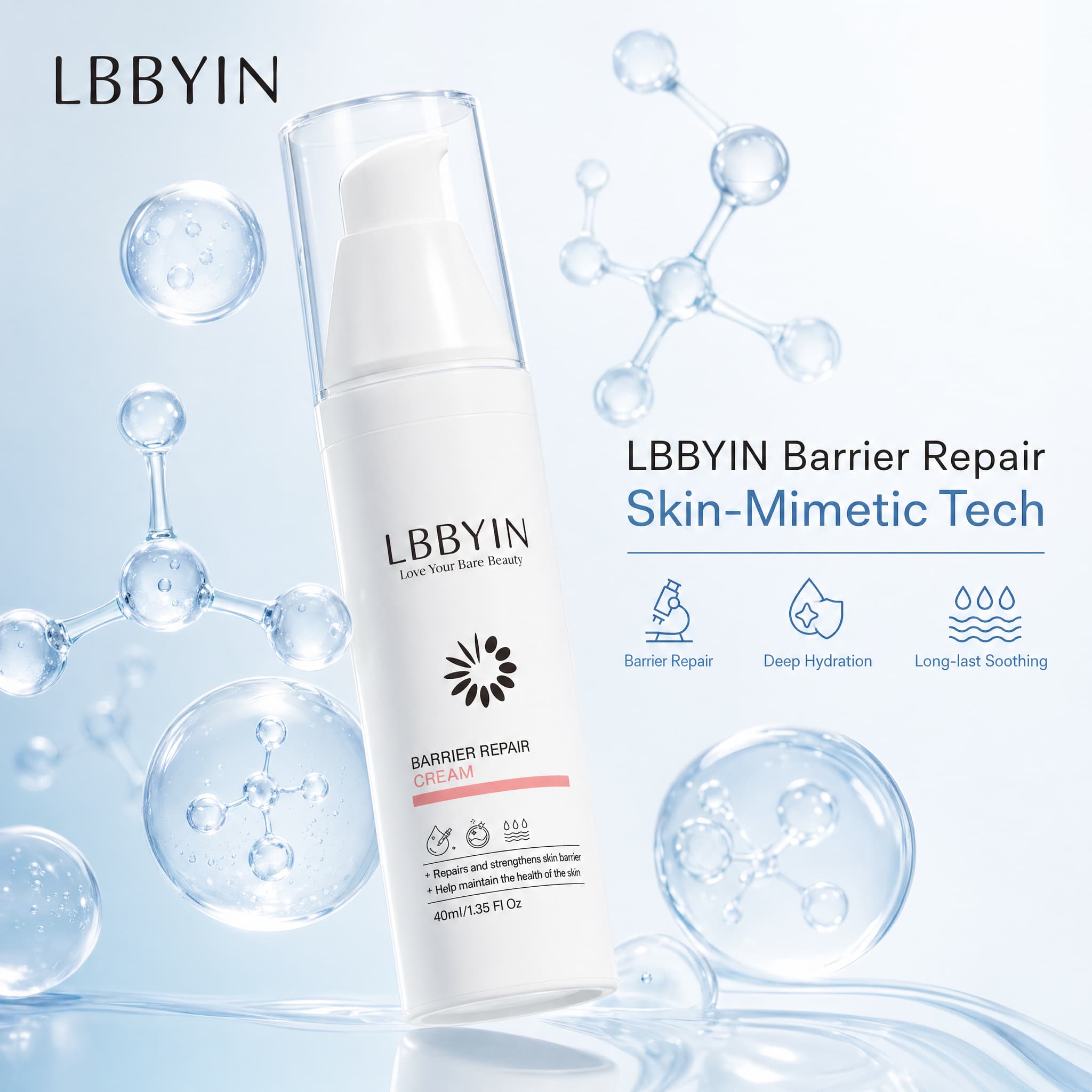 LBBYIN 24H Hydrating Barrier Repair Cream Soft Rich Texture Ceramide Moisturizer Non-Greasy Finish Skin Care for Sensitive Skin