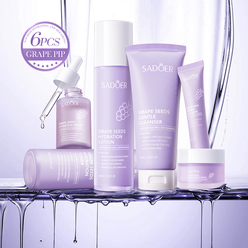 Private Label SADOER Grape Seeds Gentle Facial Skincare Set 6-Pieces Suit Moisturizing Face Moisturizing Gift Box for Women