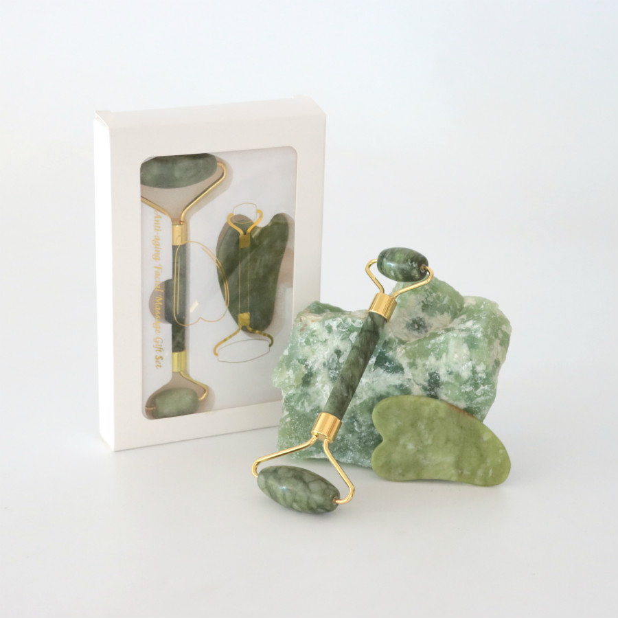 Private Label Genuine Natural Nephrite Facial Green Jade Face Roller And Gua Sha Massager Set