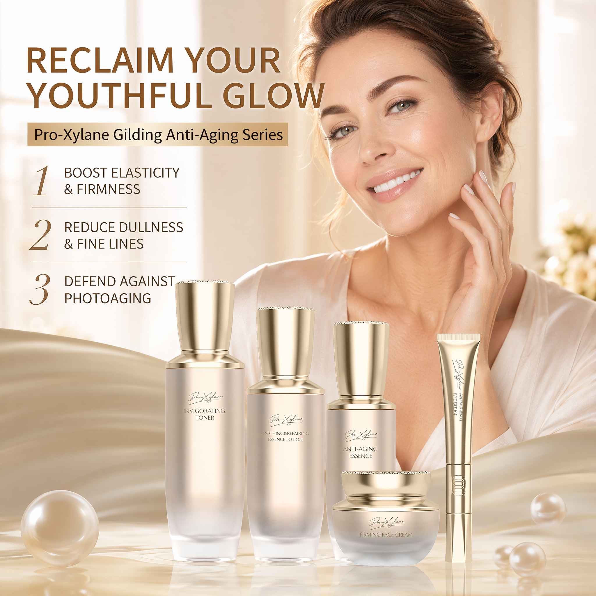 Private Label 5% Pro-Xylane Anti-Wrinkle &amp; Firming Skincare Set OEM | Toner Essence Cream Serum for Wrinkle Repair &amp; Brightening