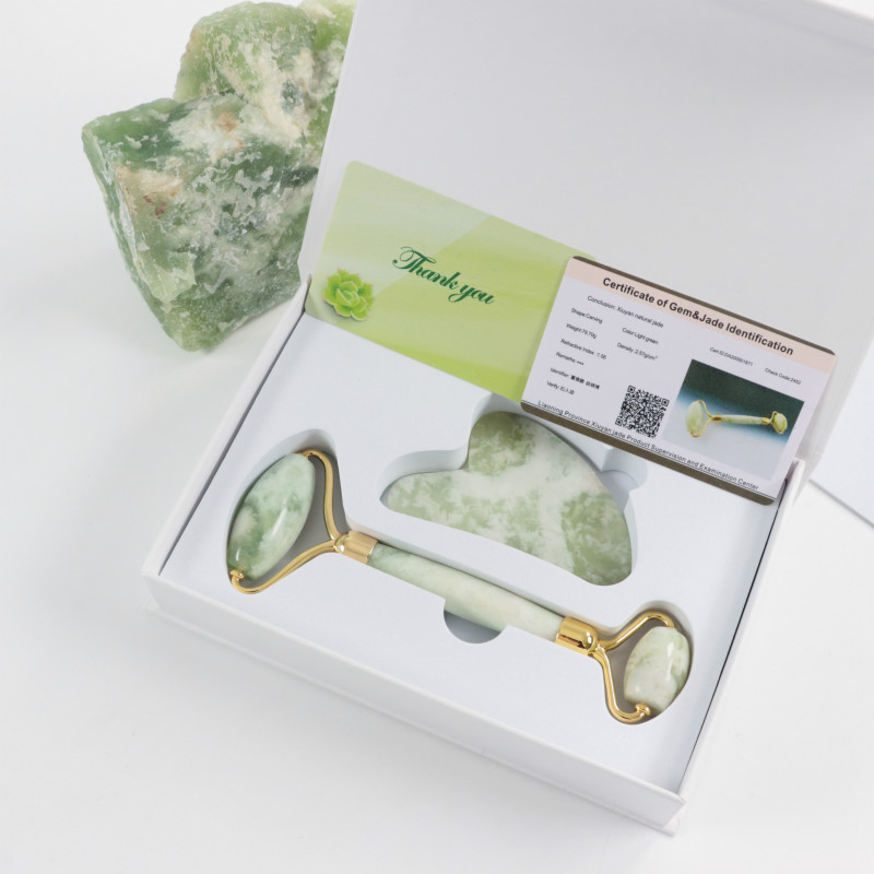 Private Label Genuine Natural Nephrite Facial Green Jade Face Roller And Gua Sha Massager Set