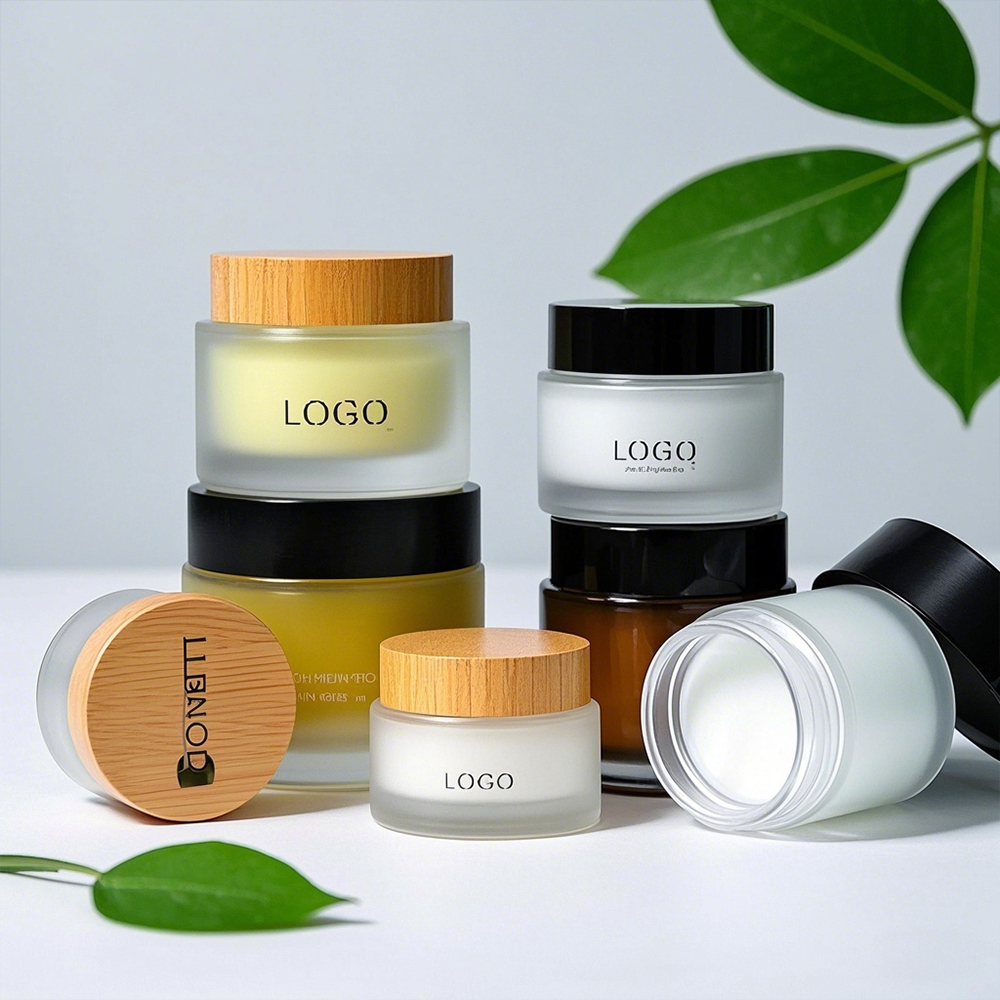 Zero Waste Recycled Glass Skincare Jar with Bamboo Cap Sustainable Packaging for Cream Lotion Eye Cream for Cosmetic Brands