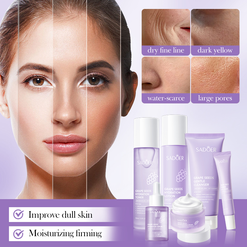 Private Label SADOER Grape Seeds Gentle Facial Skincare Set 6-Pieces Suit Moisturizing Face Moisturizing Gift Box for Women
