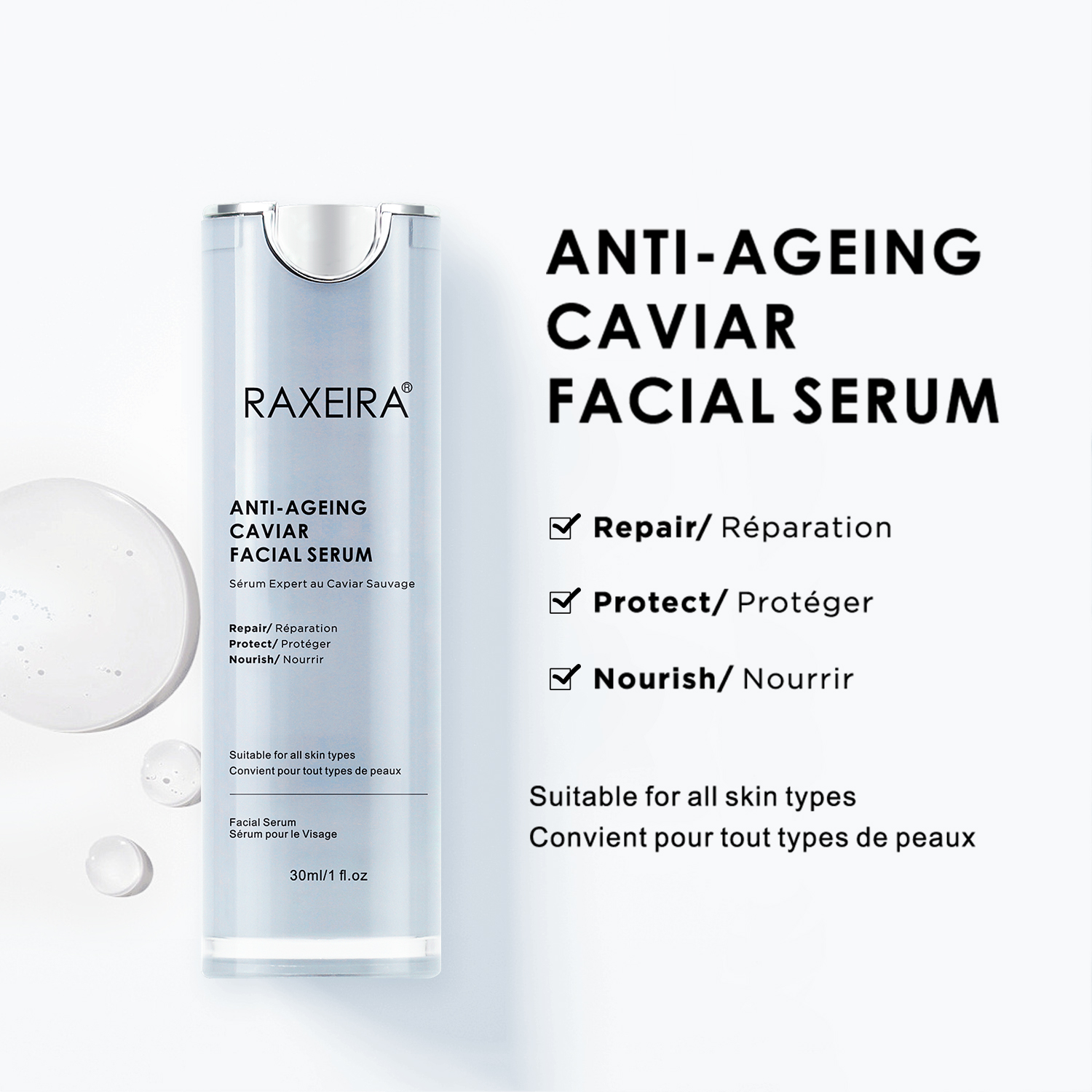 OEM ODM Repairing Skin Lifting Firming Anti Wrinkle Anti Aging Moisturizing Nourishing Face Serum Caviar Facial Serum 30ml