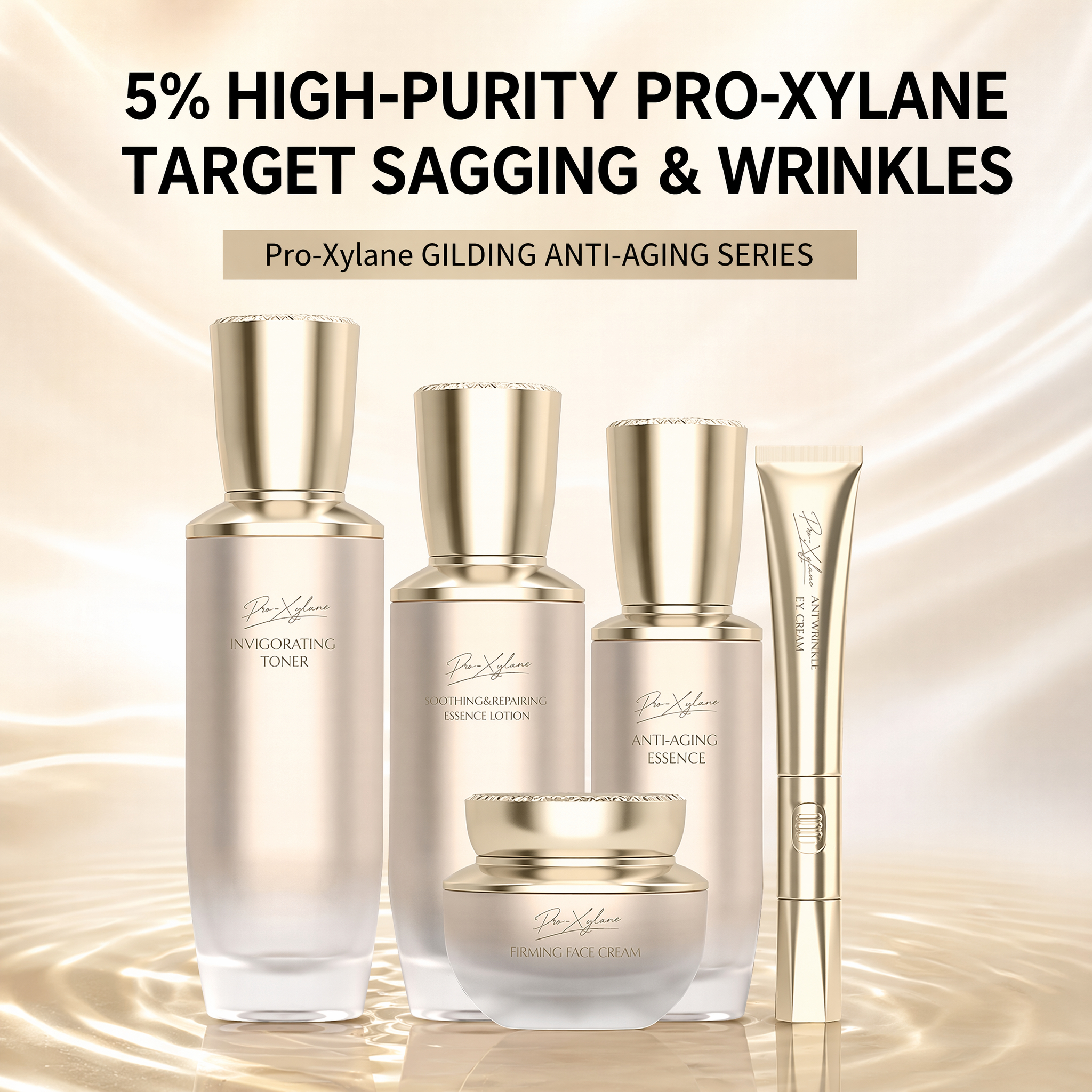 Private Label 5% Pro-Xylane Anti-Wrinkle &amp; Firming Skincare Set OEM | Toner Essence Cream Serum for Wrinkle Repair &amp; Brightening