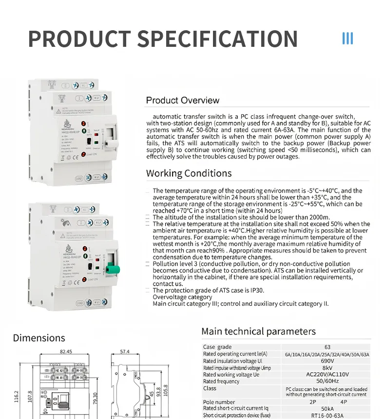 Ae 2p 80A Interruptor de Transferencia Automático Inteligente para Riel DIN Selector de Doble Potencia para Sistema de Inversor Solar Controlador Inteligente