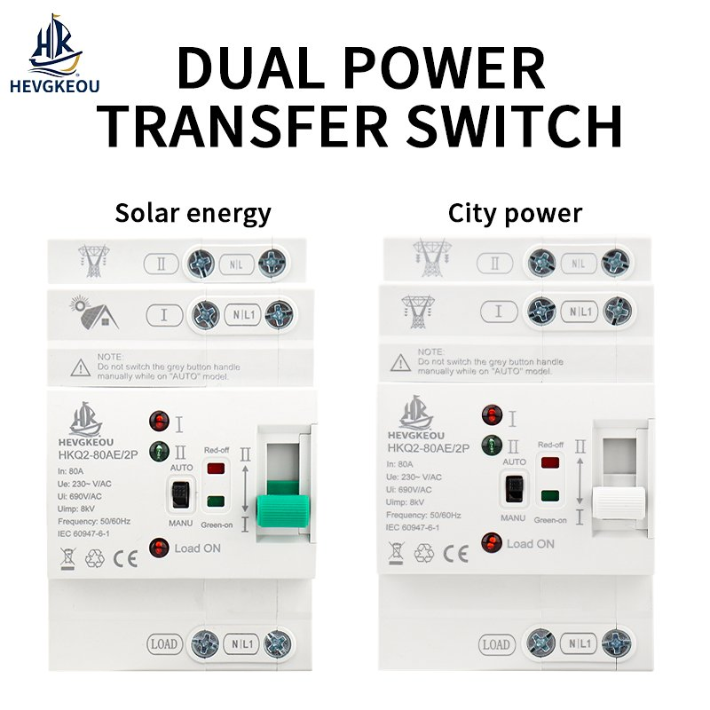 2p 80A Interruptor de Transferencia Automático Inteligente para Riel DIN con Controlador Inteligente Selector de Doble Energía para Sistema Solar PV