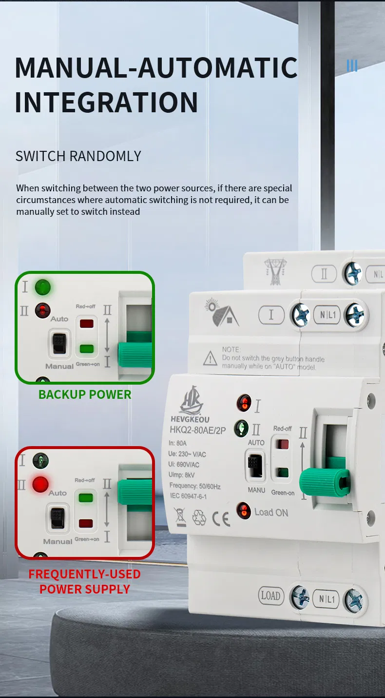 Ae 80A 2p Interruptor de Transferencia de Doble Potencia Inteligente para Montaje en Riel DIN Cambio Automático con Controlador Inteligente para Inversor Solar