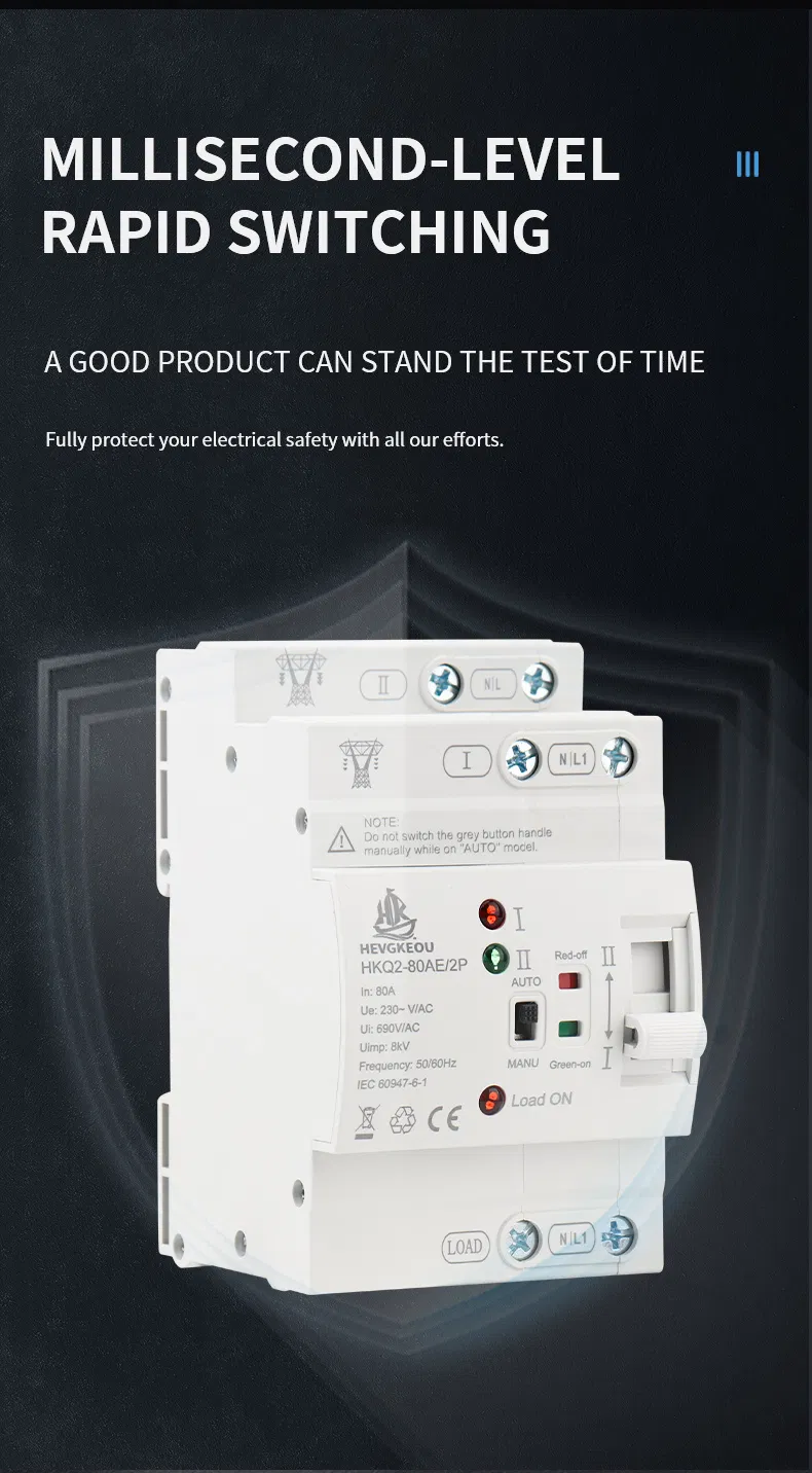 Ae 2p 80A Interruptor de Transferencia Automático Inteligente para Riel DIN Selector de Doble Potencia para Sistema de Inversor Solar Controlador Inteligente