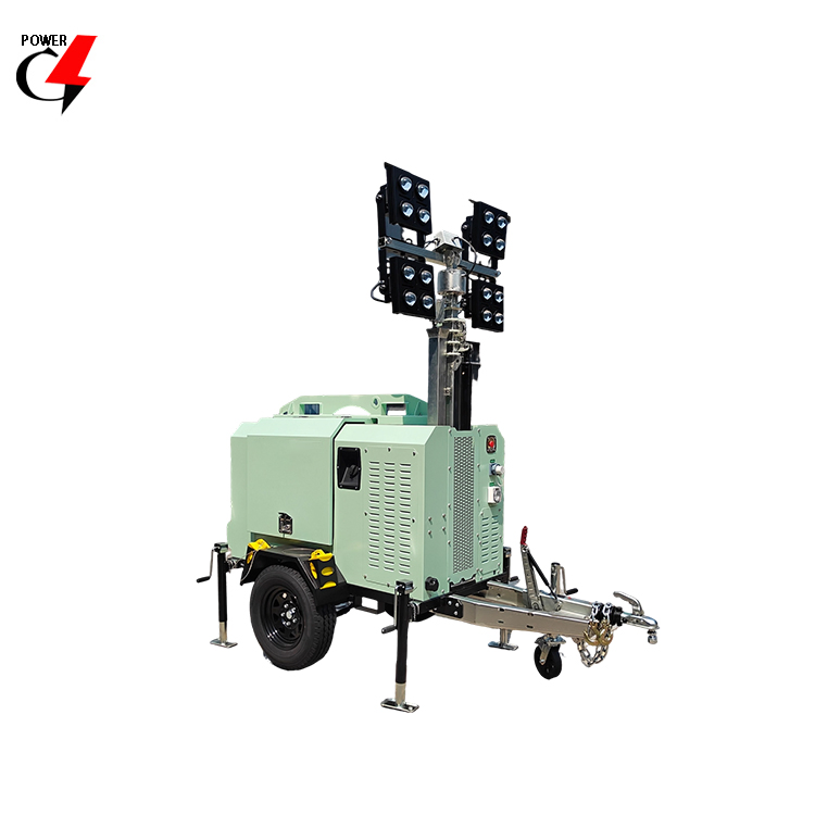 9m Mástil 4X400W Torre de Luz Móvil Remolcable Híbrida Generador Solar con 5kw Generador Diésel