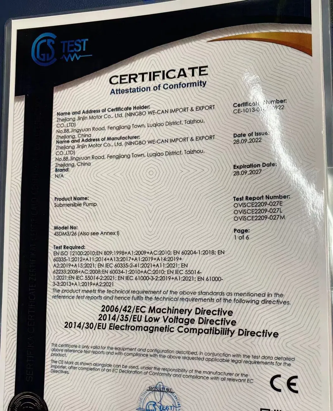 Certificado CE del producto