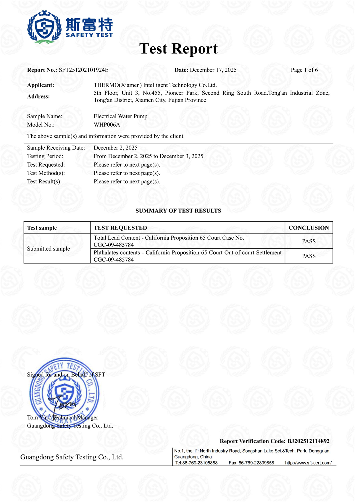 Prop 65 Certificate — RETO water heater pump WHP006A