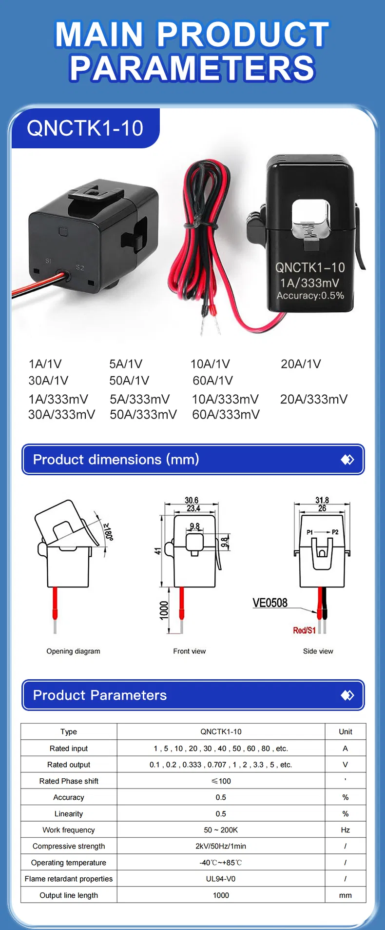 Qnctk1-16 100A/333mv 100A/1V Sensor de Corrente de Clampe CT Tipo Aberto Transformador de Corrente de Núcleo Dividido