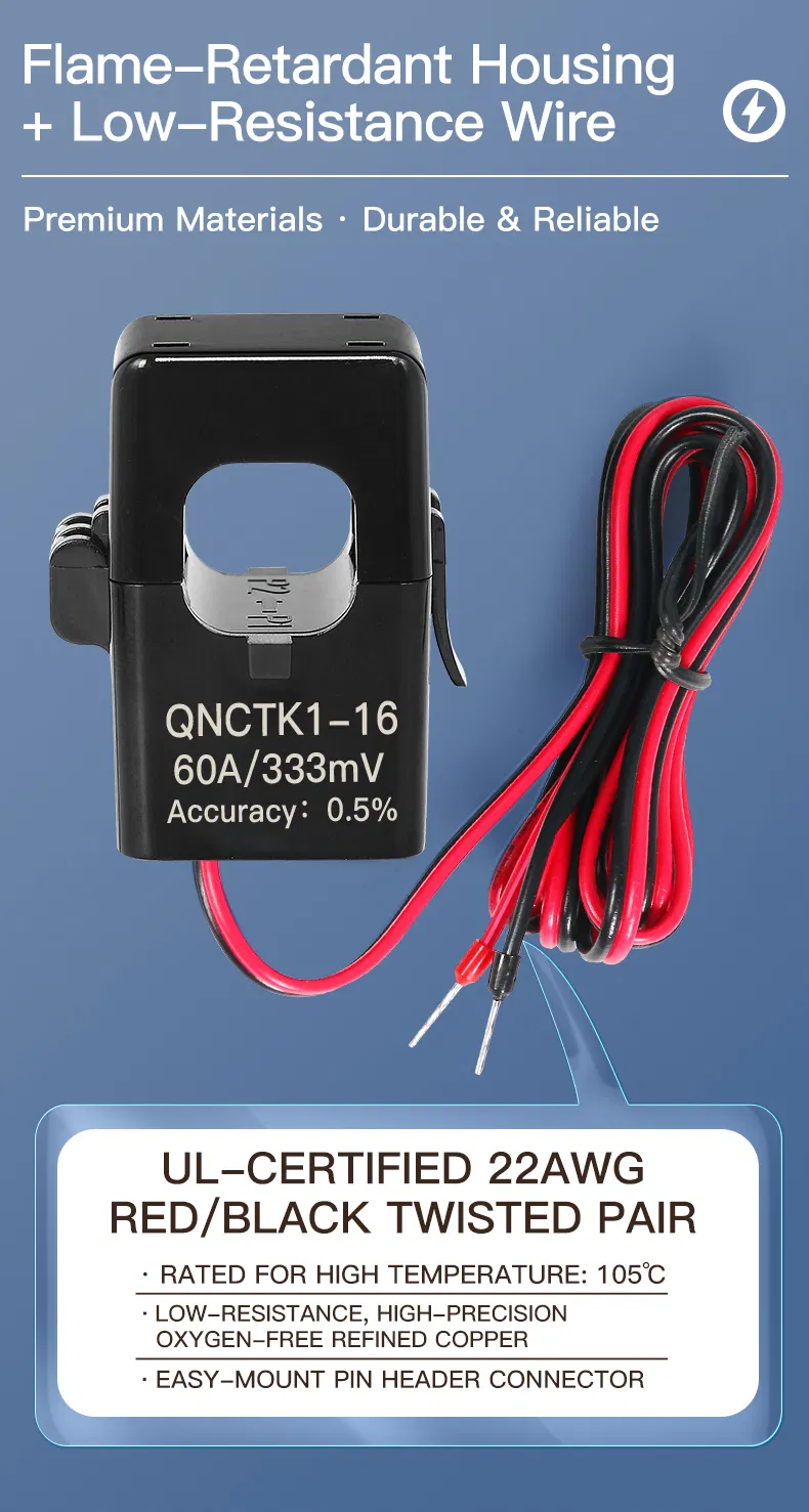 Qnctk1-16 100A/333mv 100A/1V Sensor de Corrente de Clampe CT Tipo Aberto Transformador de Corrente de Núcleo Dividido
