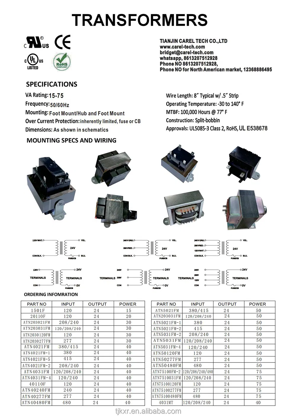 110 120V 240V 277V para 24V Transformador de Redução de Tensão Listado UL para Forno de Arco Elétrico