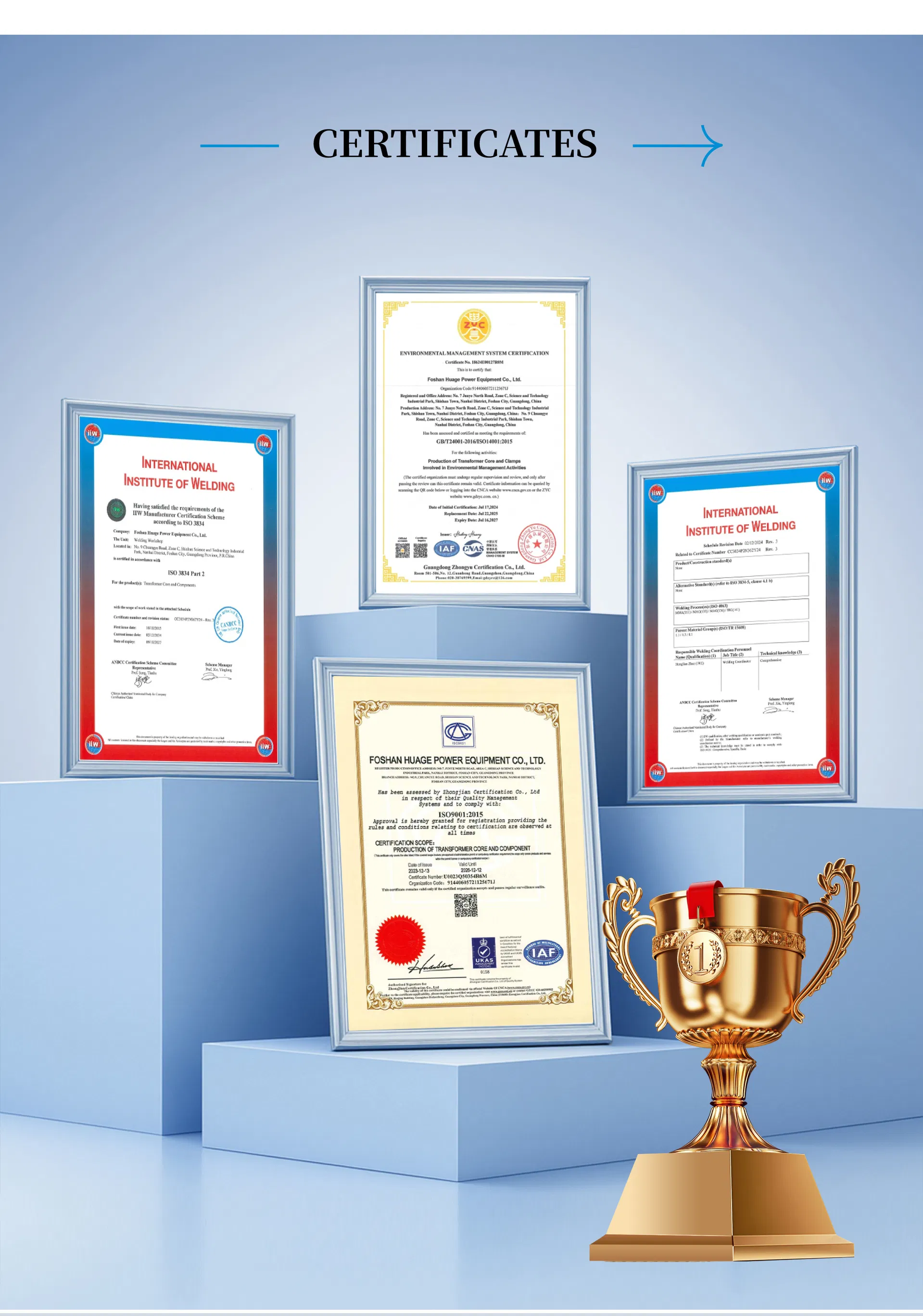 Certificados de Qualidade ISO9001 e Relatórios de Teste