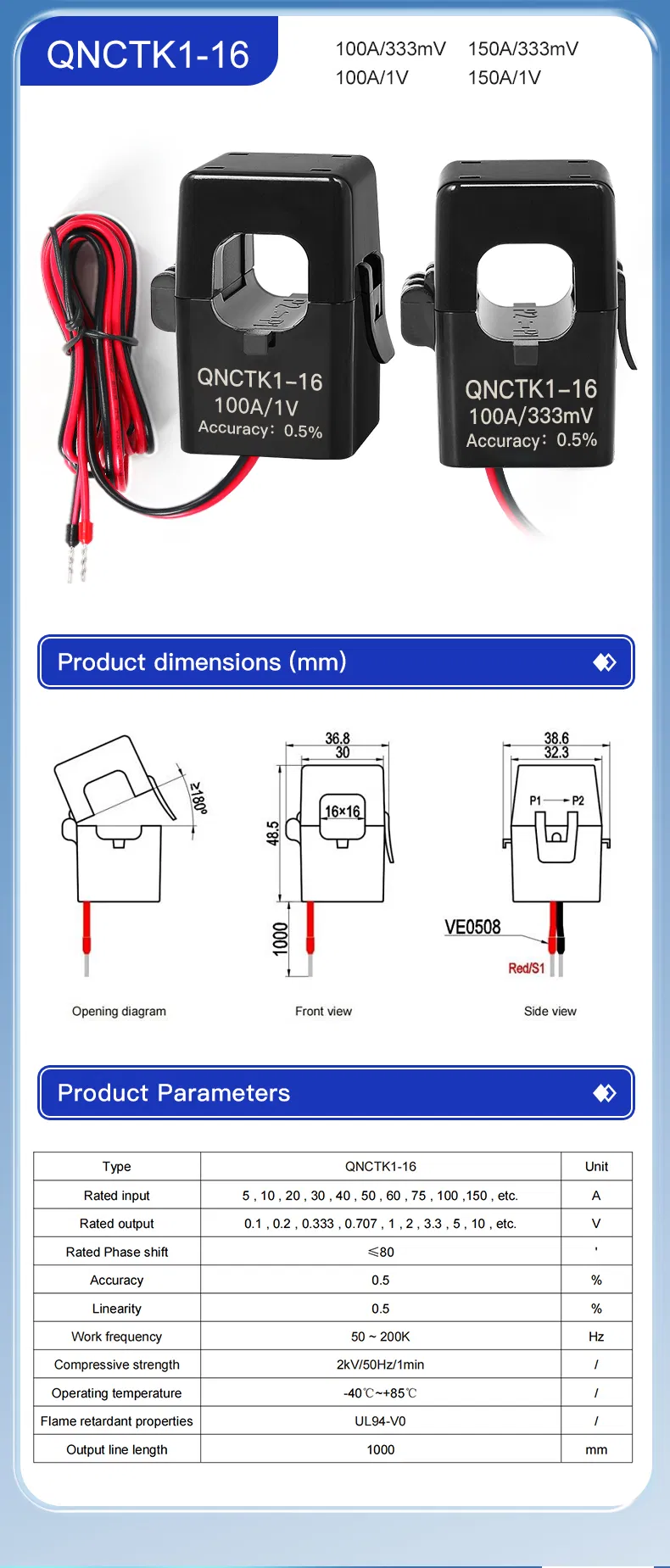 Qnctk1-16 100A/333mv 100A/1V Sensor de Corrente de Clampe CT Tipo Aberto Transformador de Corrente de Núcleo Dividido