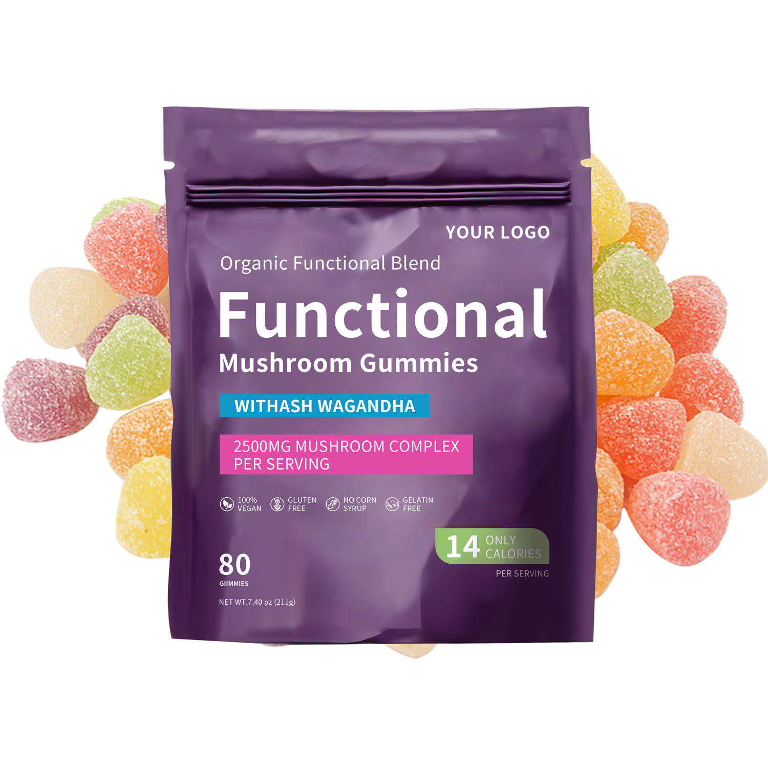2500mg Functional Blend Mushroom Gummies Ashwagandha Custom OEM Branding Antioxidant Beauty Gluten-Free Immune Support Energy