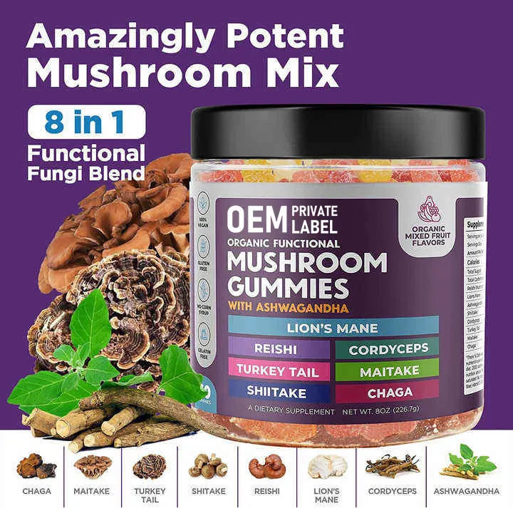 OEM Mushroom Gummies For Sleep Calm &amp; Brain Focus, Lion's Mane Mushroom Gummies With Ashwagandha, Vegan Superfood Gummy Candy
