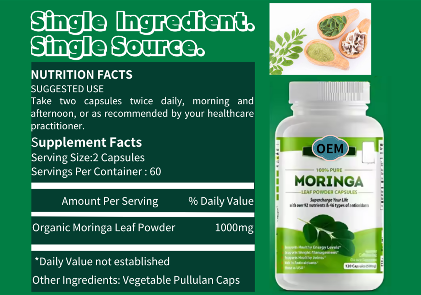 OEM Hot Selling Healthcare Moringa Leaf Extract Capsule Dietary Supplement 120Caps