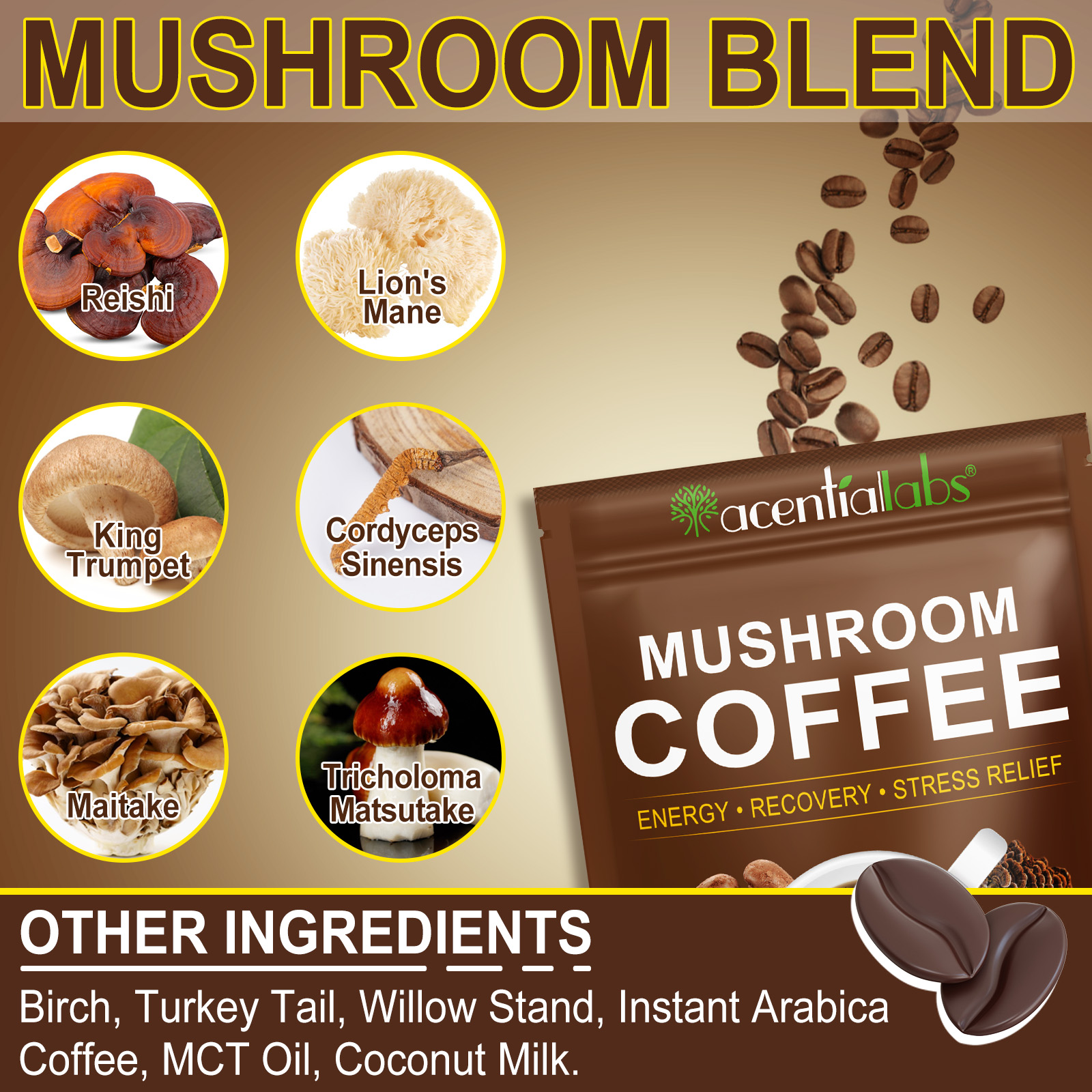 ACENTIALLABS Organic Mushroom Coffee Extract Powder 10 Superfood 235g Mushroom Coffee with Energy Recovery Stress Relief
