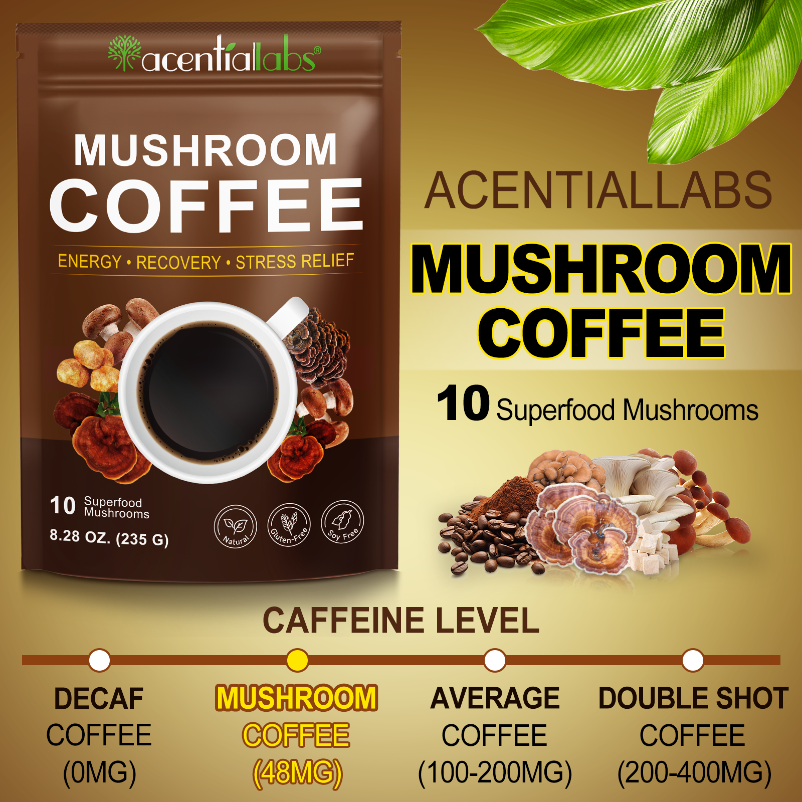 ACENTIALLABS Organic Mushroom Coffee Extract Powder 10 Superfood 235g Mushroom Coffee with Energy Recovery Stress Relief