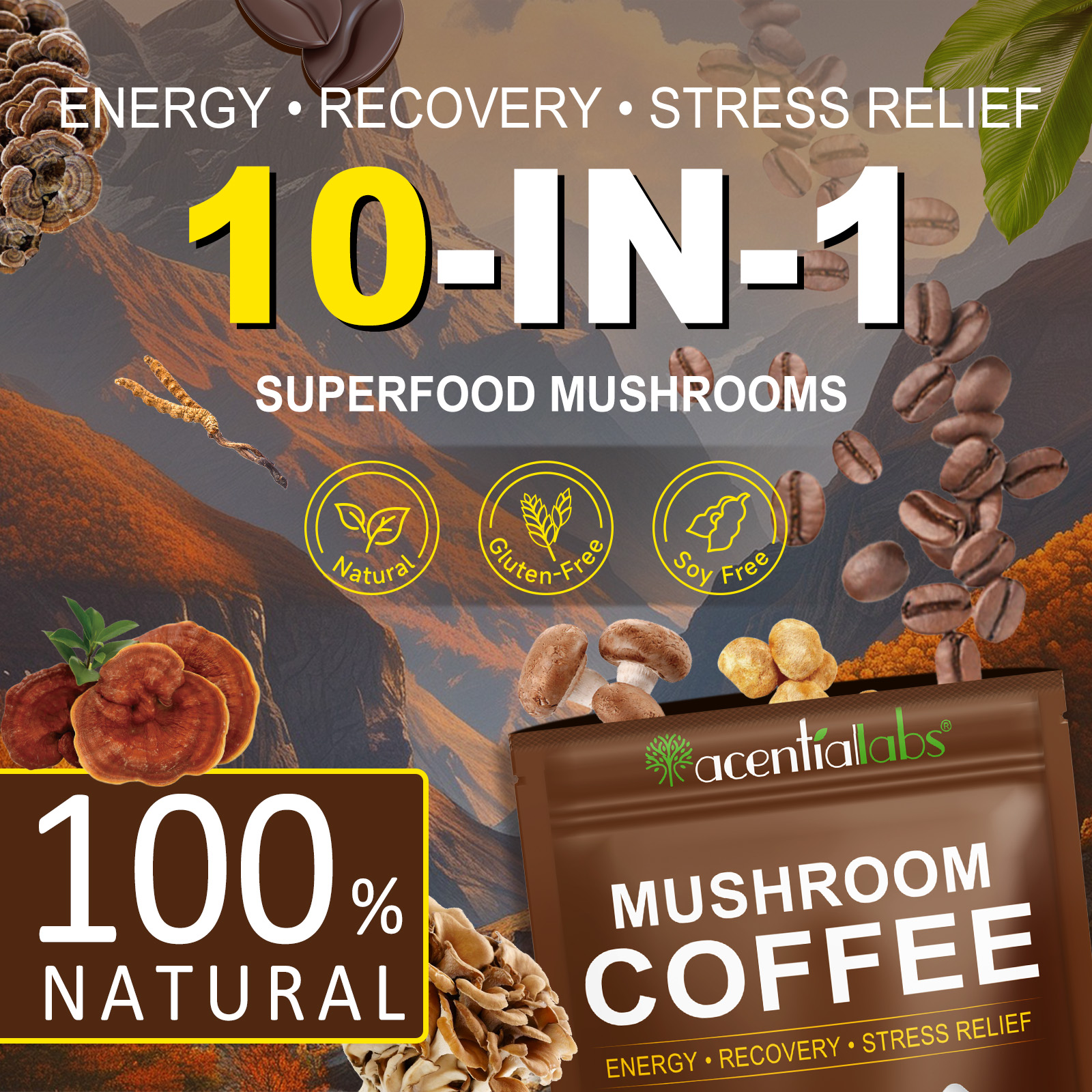 ACENTIALLABS Organic Mushroom Coffee Extract Powder 10 Superfood 235g Mushroom Coffee with Energy Recovery Stress Relief
