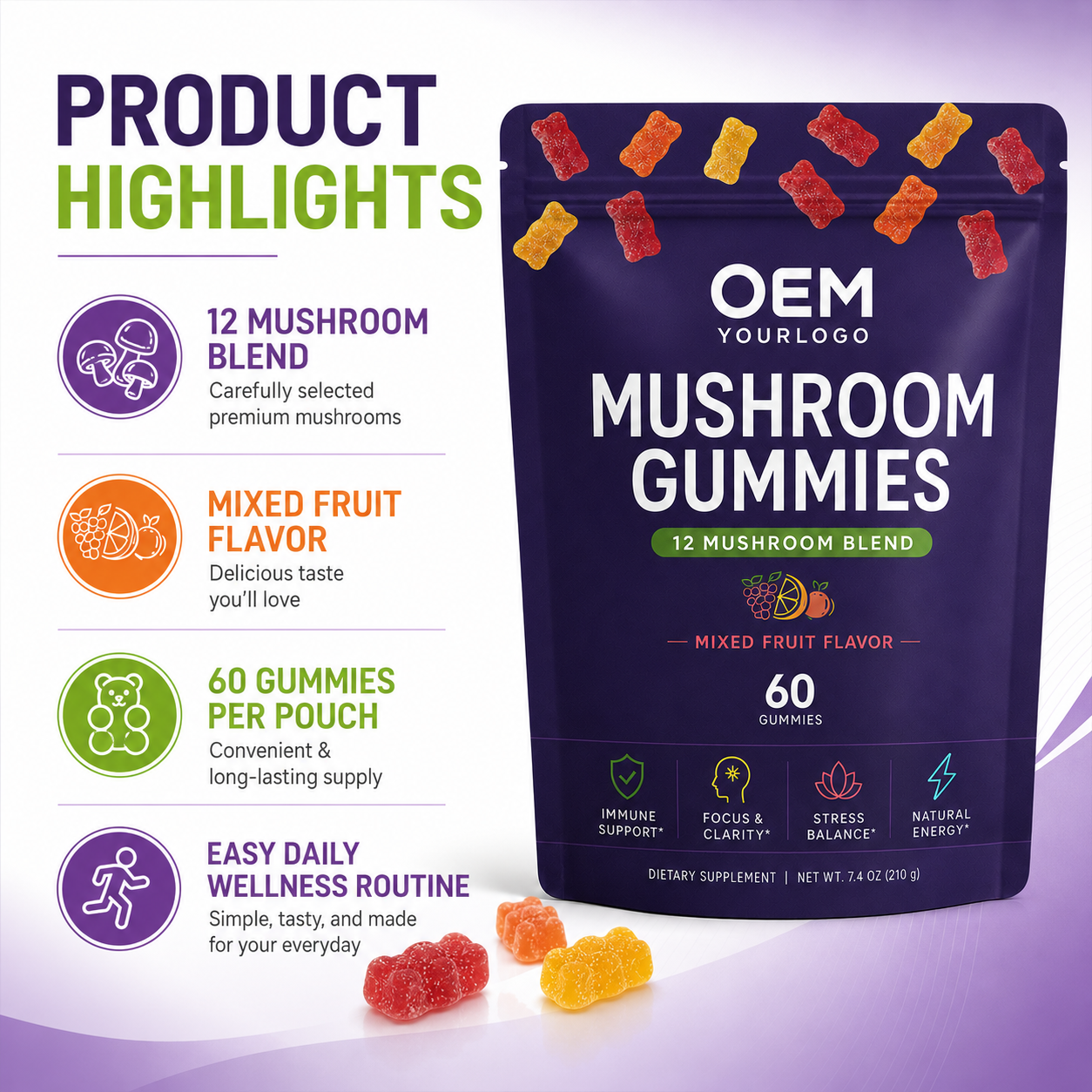 Turkey Tail Shiitake Maitake Mushroom Gummies 10 In 1 Mushroom Blend Custom Formula OEM ODM Wholesale